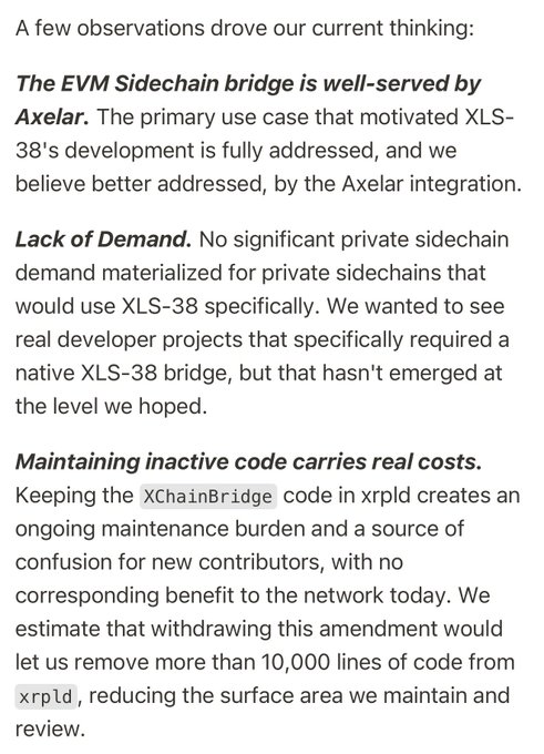 A text excerpt explaining the decision to withdraw the XLS-38 amendment, citing the Axelar integration as a better solution, lack of demand for a native XLS-38 bridge, and the burden of maintaining over 10,000 lines of `XChainBridge` code in `xrpld`. This supports the post's point that Axelar and other bridges made the XLS-38 amendment unnecessary.