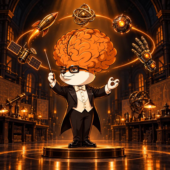 A digital illustration of a character with a large exposed brain head wearing a tuxedo and glasses, standing on a pedestal in a steampunk-style laboratory with floating rocket, satellite, and robotic hand elements.