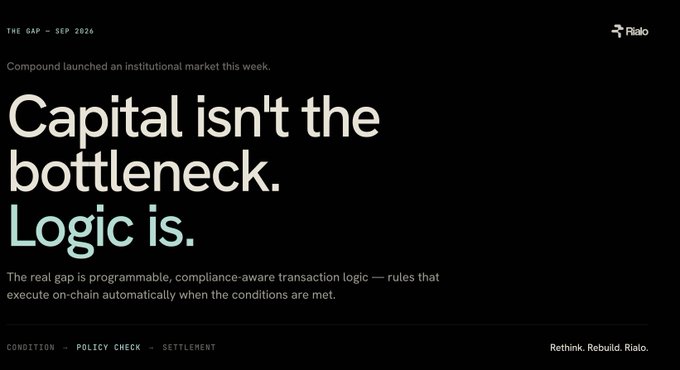 A minimalist black advertisement for Rialo reads 'Capital isn't the bottleneck. Logic is.' and describes programmable, compliance-aware transaction logic.