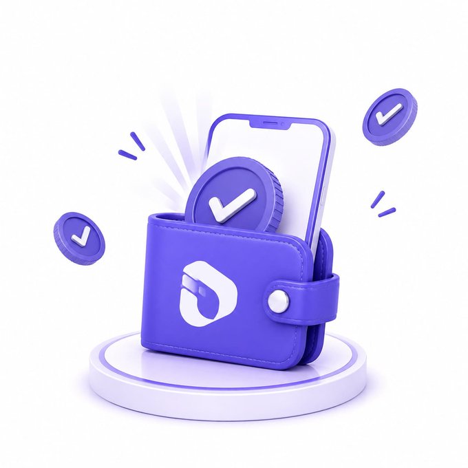 A 3D illustration of a purple wallet with a checkmark coin popping out alongside a smartphone, representing digital transactions or fintech.