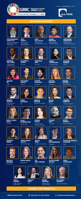 A promotional flyer for the GBBC (Global Blockchain Capitol) Unga 2026 event sponsored by OLA PIPER, listing numerous featured speakers in a grid with the date Tuesday, September 22.