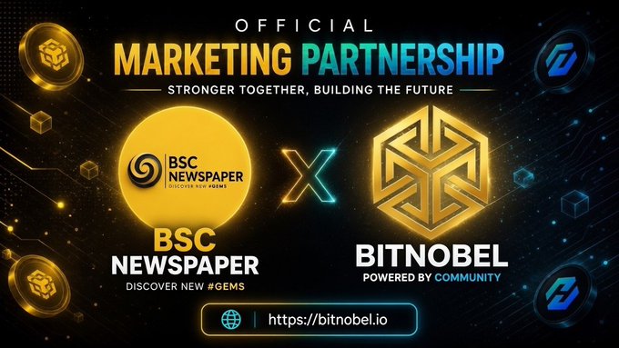 A promotional graphic announcing an official marketing partnership between BSC Newspaper and Bitnobel, featuring their logos with the tagline "Stronger Together, Building the Future" and displaying the Bitnobel website (https://bitnobel.io) against a dark, tech-themed background.