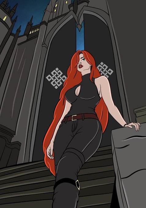 An illustrated artwork of a red-haired woman in black attire standing on stone steps before a gothic cathedral.
