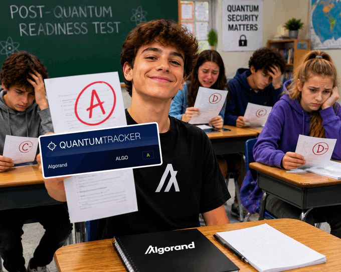 A smiling student in an Algorand shirt proudly holds up a test paper with an "A" grade, while the "QUANTUMTRACKER" card displays his top score for "ALGO" (Algorand) cryptocurrency, as his deskmates look on with lower "C" and "D" grades in a classroom setting featuring a "POST-QUANTUM READINESS TEST" chalkboard and "QUANTUM SECURITY MATTERS" sign.

The image cleverly visualizes the accompanying post's message by framing Algorand's "A" rating on the Quantum Threat Tracker as a top exam score, positioning the blockchain as the standout student in post-quantum cryptographic readiness—aligning with the White House's recent executive order mandating quantum security deadlines.