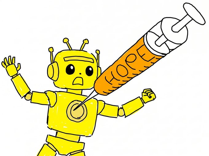 A worried yellow robot being injected in the chest with a large syringe labeled "HOPE," visually representing the playful act of sending a small 5% share of hope to the wallet address shown in the transaction link.