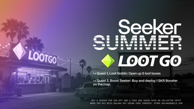 A promotional graphic for the "Seeker Summer" campaign featuring LootGO, set against a vibrant twilight scene of a roadside food stand with string lights and palm trees. The image displays the LootGO logo and outlines two quests: "Quest 1, Loot Goblin: Open up 5 loot boxes" and "Quest 2, Boost Seeker: Buy and deploy 1 SKR Booster on the map," with a note offering a 20% discount and $50 Gacha spin at solanamobile.com using code CARD020.