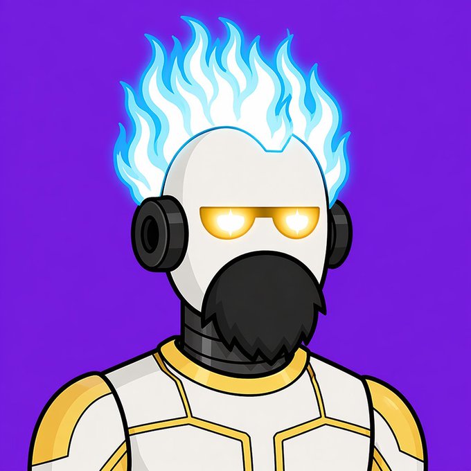 A stylized robotic character with glowing blue flame-like hair, golden eyes, headphones, and a black beard stands against a vibrant purple background, matching the futuristic anime aesthetic of the Shinkai NFT giveaway promotion.