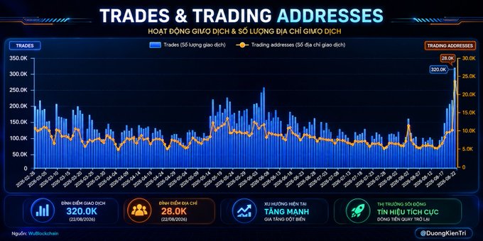 The image displays a dashboard titled "TRADES & TRADING ADDRESSES" showing HyperEVM's on-chain activity with daily trades (blue bars) hitting 320.0K and trading addresses (orange line) reaching 28.0K on 22/08/2026—both at new highs, aligning with the post's claim of explosive growth in HyperEVM's DEX volume and user activity driven by meme trading.