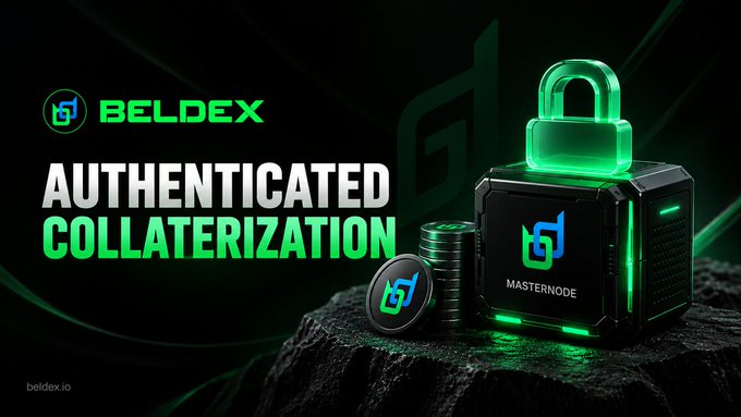 A Beldex promotional image titled "AUTHENTICATED COLLATERALIZATION" featuring a glowing green padlock, a masternode device, and the Beldex logo at beldex.io.