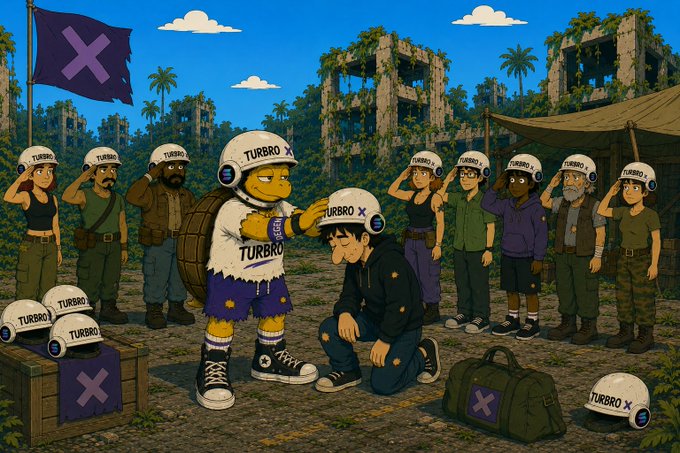 A cartoon-style illustration of a character with a yellow head wearing a 'TURBRO X' helmet and shirt, placing a helmet on a kneeling person, surrounded by saluting figures in matching gear, set in a tropical post-apocalyptic setting with ancient ruins.