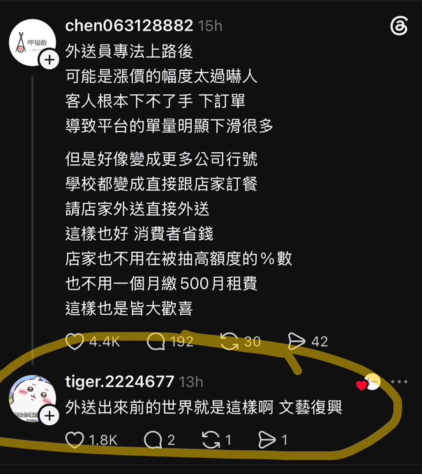 The image shows a screenshot of a Threads post by user "chen063128882" discussing how delivery worker laws caused price increases that scared customers away, leading to more direct orders between companies, schools, and restaurants—saving consumers money and eliminating platform fees. The circled reply from "tiger.2224677" sarcastically states "外送出來前的世界就是這樣啊 文藝復興" (The world before food delivery was like this, it's a Renaissance), which the accompanying caption "說什麼大實話" (Saying some real truths) calls out as a blunt truth.