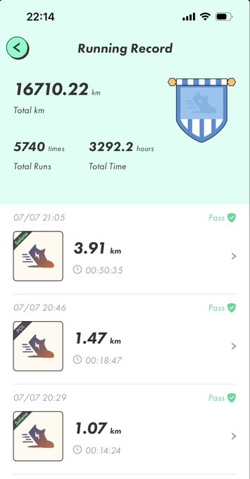A running record app showing 16,710.22 total km over 5,740 runs and 3,292.2 hours, with a recent 3.91 km run completed in 50:35.