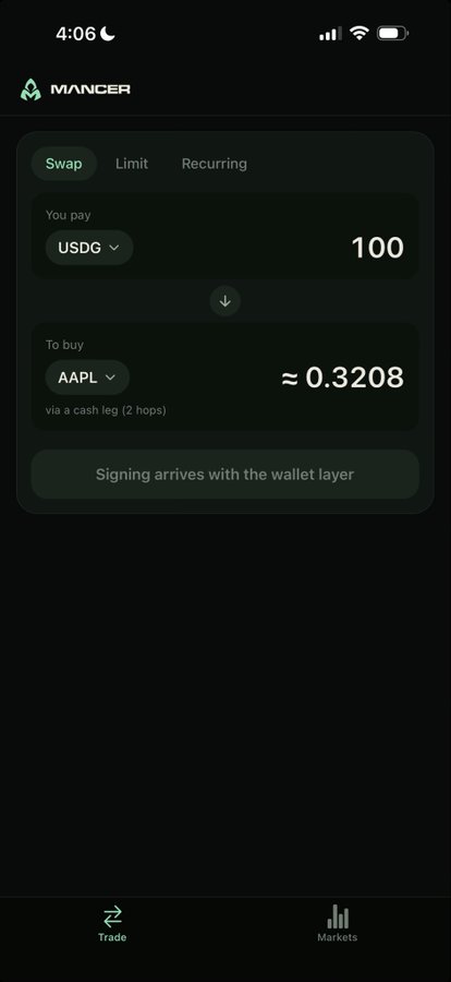 A screenshot of the Mancer cryptocurrency exchange app displays a swap interface showing a conversion of 100 USDG to approximately 0.3208 AAPL via a cash leg with 2 hops.