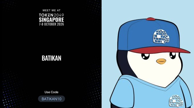 A promotional image for the TOKEN2049 Singapore conference (7-8 October 2026) featuring the "BATIKAN" brand with a 10% discount code "BATIKAN10," alongside an illustrated penguin mascot wearing a blue cap and shirt with crypto-themed logos. The graphic complements the post about the author attending Token2049, this time in Singapore to network with crypto projects, likely offering followers a discount for the event.
