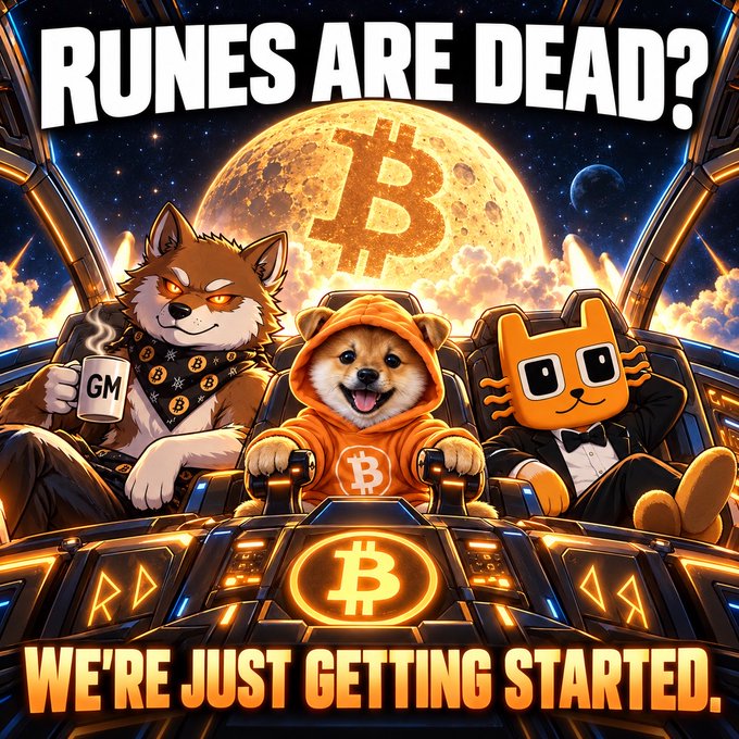A meme graphic showing a Shiba Inu, a dog in a Bitcoin hoodie, and a Metamask character in a spaceship cockpit, with text reading 'RUNES ARE DEAD? WE'RE JUST GETTING STARTED.' against a Bitcoin moon background.