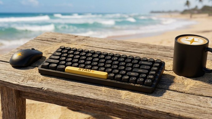 A compact wireless keyboard labeled "STAU" sits beside a mouse and a latte on a sandy wooden table, with ocean waves rolling in the background—capturing the essence of remote work fueled by "$STAU mode" ambition and beachside focus.