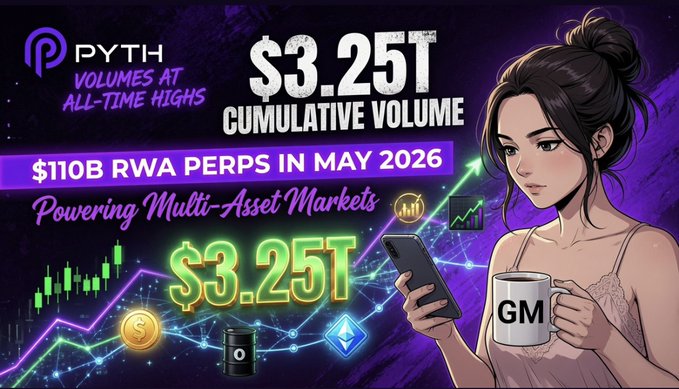 The image features a cartoon girl holding a coffee cup, with a purple background that includes text about cryptocurrency trading volumes at all-time highs. The girl appears to be looking down at her phone while holding the coffee cup.