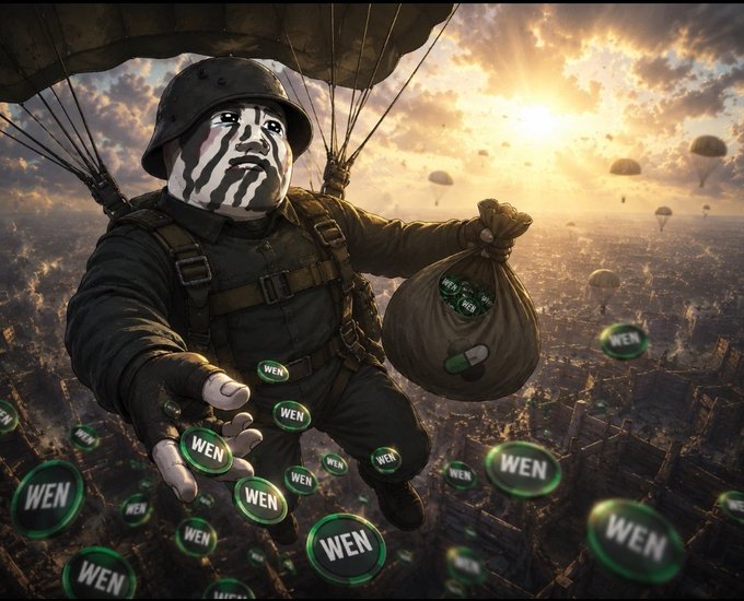 A dramatic scene of a soldier with face paint parachuting over a city at sunset, dropping a bag and scattering green tokens labeled 'WEN' throughout the air.
