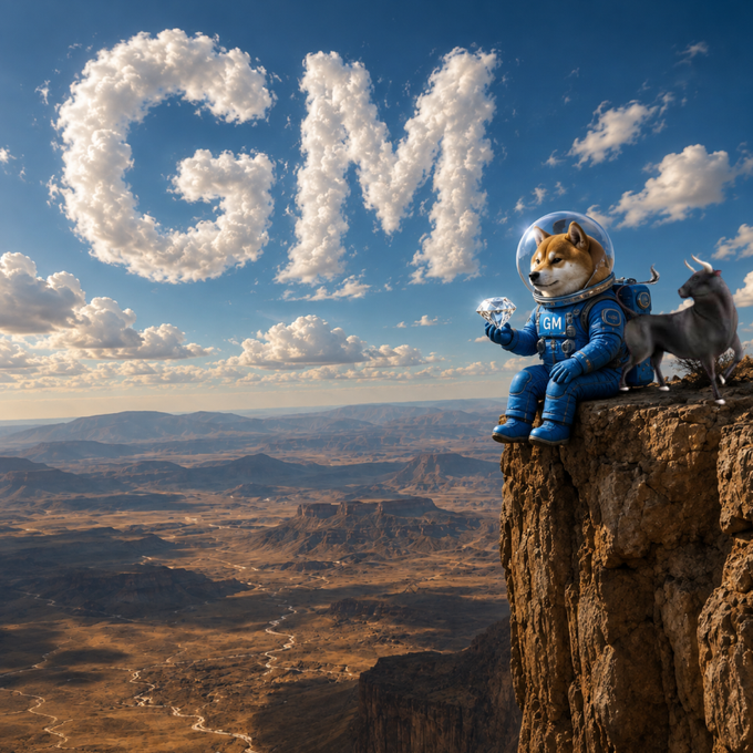 A Shiba Inu dog in a spacesuit, accompanied by a goat, sits on a cliff edge holding a diamond while gazing up at clouds shaped to spell "GM." The image humorously references the post's "Go To The Moon" sentiment, symbolizing $DOG's ambitious price surge alongside the playful "GM" (good morning) crypto greeting and HTX exchange promotion.