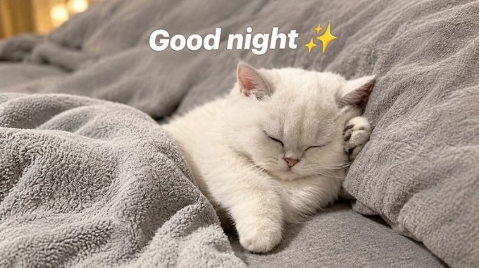 A white kitten sleeps peacefully on gray fluffy bedding with the text 'Good night ✨' overlaid.