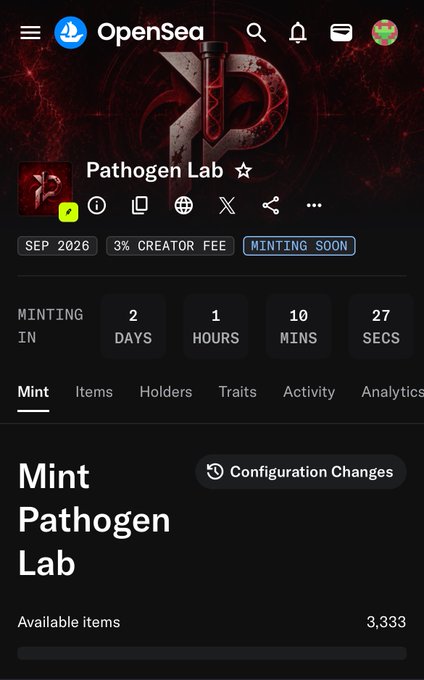 An OpenSea mobile page for 'Pathogen Lab' NFT collection showing a 3% creator fee, 'MINTING SOON' status, countdown of 2 days, 1 hour, 10 mins, 27 secs, with 3,333 available items.