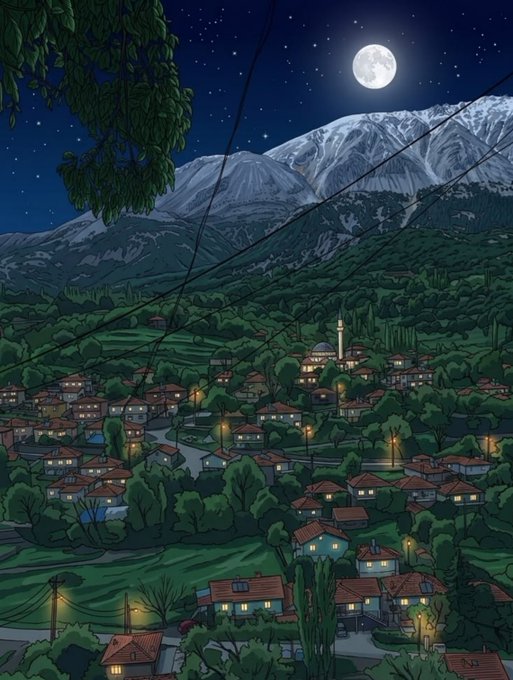 An illustrated nighttime landscape showing a village with lit windows nestled in a green valley below a snow-capped mountain, illuminated by a full moon and stars.