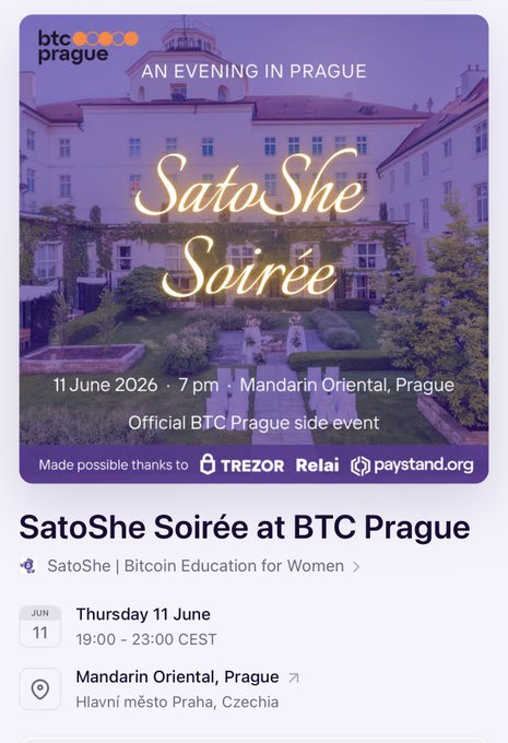 The image shows a poster for an event called "SatoShe Soiree" that will take place at a hotel in Prague, Czech Republic. The poster includes details about the date, time, location, and speakers of the event. It also mentions that there are limited seats available, which might be related to Bitcoin education for women. The poster is posted on social media platforms like Facebook, Instagram, Twitter, and Flickr, with a focus on the hashtag #SatoSheSoiree.