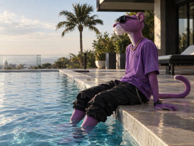 An AI-generated image of a purple humanoid cat figure wearing sunglasses, a purple t-shirt, black cargo pants, and a gold chain, sitting casually with its legs in a swimming pool next to palm trees.