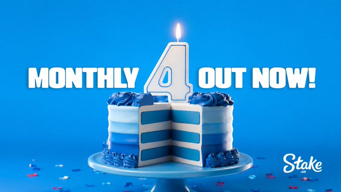 A blue-themed birthday cake featuring a "4" candle with the text "MONTHLY 4 OUT NOW!" promotes Stake.us's Month 4 launch, though the caption's frustration about missing content ("where's com ???") suggests the celebration feels premature without the promised new material.