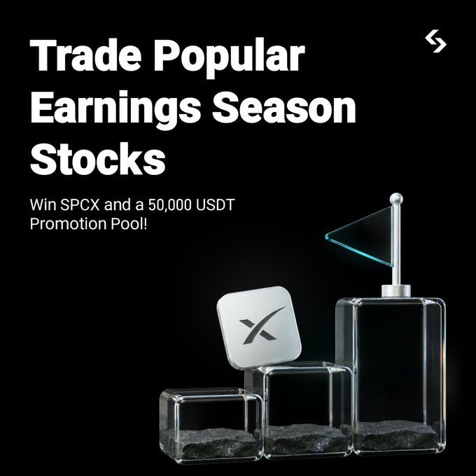 A promotional graphic with a black background advertising 'Trade Popular Earnings Season Stocks' to 'Win SPCX and a 50,000 USDT Promotion Pool,' featuring a glass podium and a SpaceX logo.