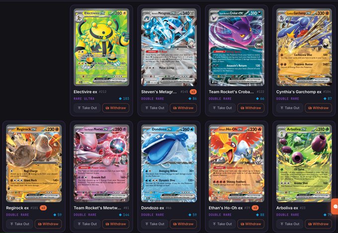 A screenshot of a digital Pokémon Trading Card Game collection showing various EX cards including Electivire, Steven's Metagross, Cynthia's Garchomp, Regirock, Dondozo, and Arboliva, with "Take Out" and "Withdraw" options.