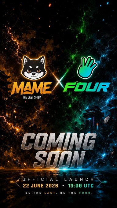 The image features a poster for an upcoming event, which appears to be related to the Four.meme collaboration with Mame Inu. The poster displays two logos - one representing the Four.meme brand and another symbolizing the Mame Inu Dev Team. The text on the poster announces that the event is coming soon and provides details about a presale for the Whitelist Subscription, which will be available at 1 PM UTC the following day.