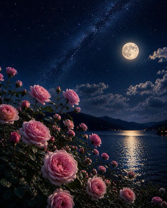 A scenic night view showing a full moon and the Milky Way galaxy over a lake, with a bush of pink roses blooming in the foreground.