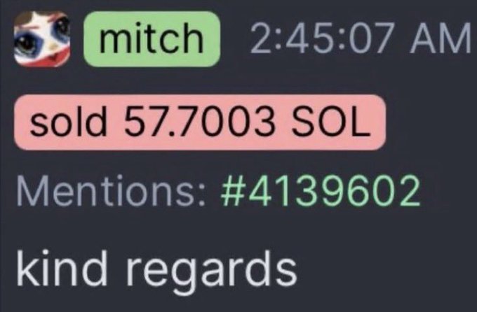 The image shows a screenshot of a message or text box with information about a sale, including details such as the product name "SOL", the price "57,70003", and the time "2:45:07 AM". The message also includes a kind reminder for the seller to consider.