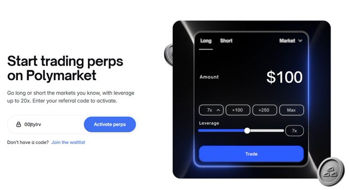 A promotional graphic for Polymarket with the text 'Start trading perps on Polymarket' showing up to 20x leverage, featuring a smartwatch-style trading interface displaying a $100 amount, 7x leverage, and a Trade button, with the referral code '00jylrv'.