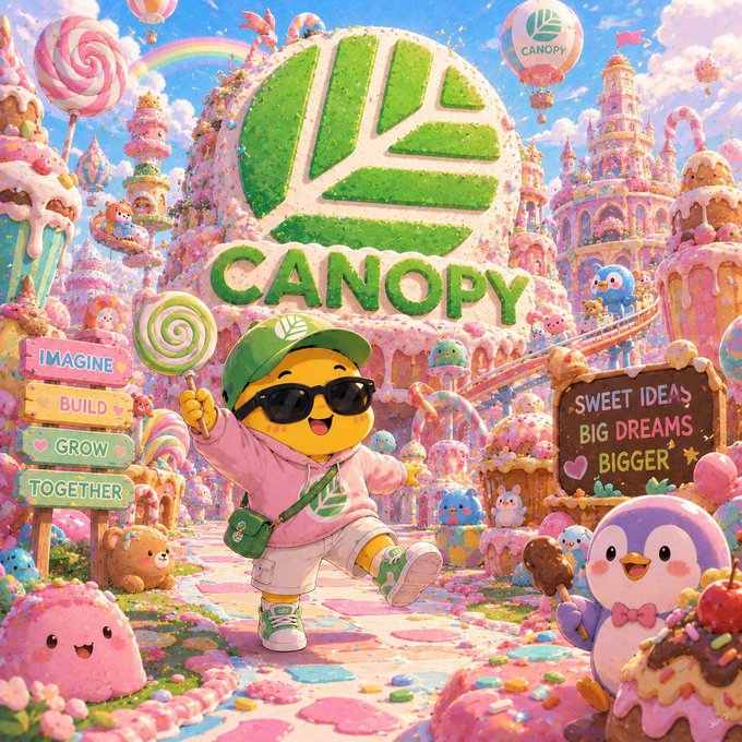 A vibrant, colorful illustration for 'CANOPY' featuring a yellow character in a green cap and sunglasses holding a lollipop in a candy-themed landscape.