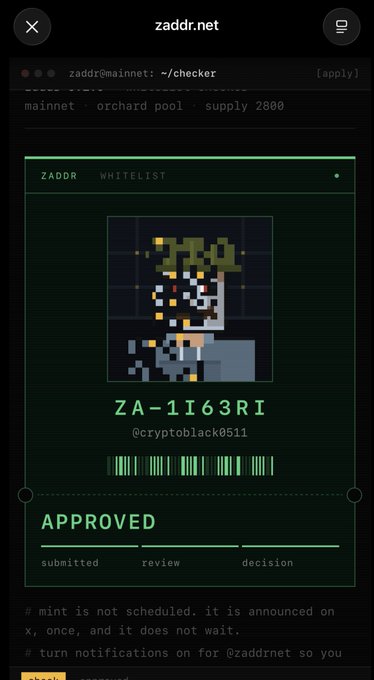 A mobile screenshot of the zaddr.net website showing an approved whitelist application for ZA-1I63RI (cryptoblack0511), featuring a pixel-art portrait, with the user's note explaining their application was successful and expressing excitement about the project's explosive performance alongside YieldFields_RH.