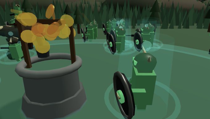 A Roblox-style 3D game scene showing green blocky characters with shields surrounding a wishing well overflowing with gold coins.