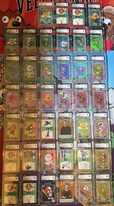 A large collection of graded trading cards arranged in rows, displayed against a colorful cartoon character background.