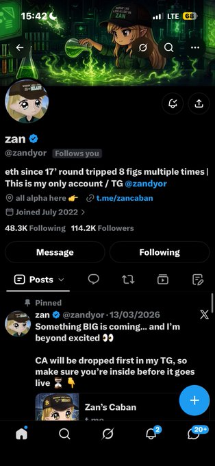 A Twitter/X profile screenshot for 'zan' (@zandyor), verified account with 114.2K followers, showing profile artwork with a character and green flames, featuring a pinned tweet about a CA (contract address) drop on Telegram.