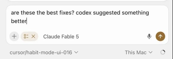 A chat interface prompt reading 'are these the best fixes? codex suggested something better' is shown above the model selector 'Claude Fable 5' and the dropdown 'cursor/habit-mode-ui-016'.