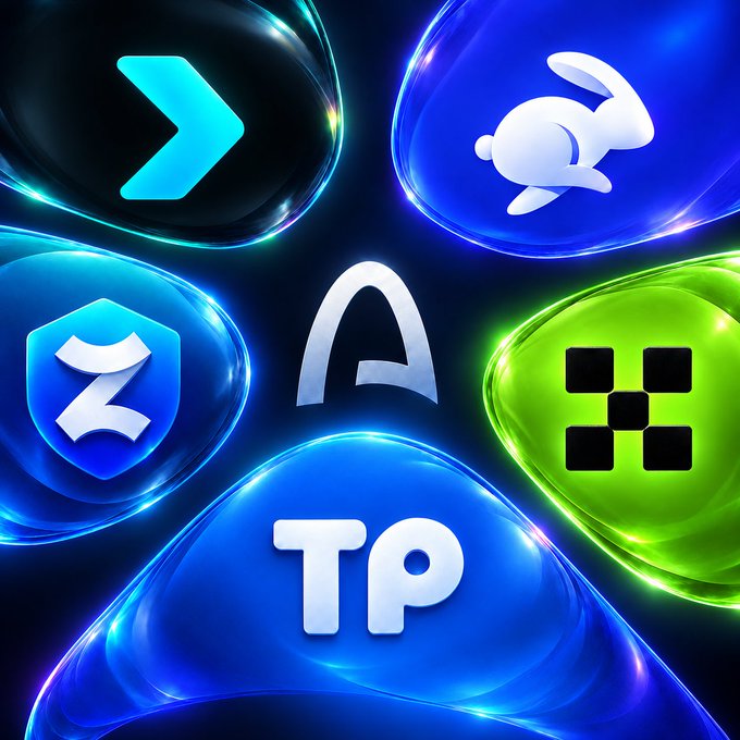 A glossy digital collage featuring various app and software logos (including ones resembling Z, an arrow, a rabbit, and 'TP') arranged in colorful glass-like bubbles against a dark background.