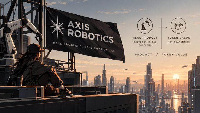 A promotional graphic for 'AXIS ROBOTICS' featuring a banner with the tagline 'REAL PROBLEMS. REAL PHYSICAL AI.', alongside an illustration contrasting 'REAL PRODUCT / SOLVES PHYSICAL PROBLEMS' with 'TOKEN VALUE / NOT GUARANTEED' and the statement 'PRODUCT ≠ TOKEN VALUE'.