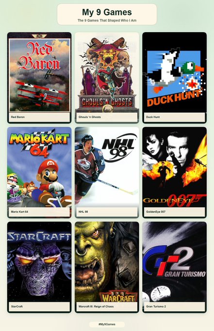 A 'My 9 Games' collection poster featuring classic titles including Red Baron, Ghouls 'n Ghosts, Duck Hunt, Mario Kart 64, NHL 98, GoldenEye 007, StarCraft, Warcraft III: Reign of Chaos, and Gran Turismo 2.
