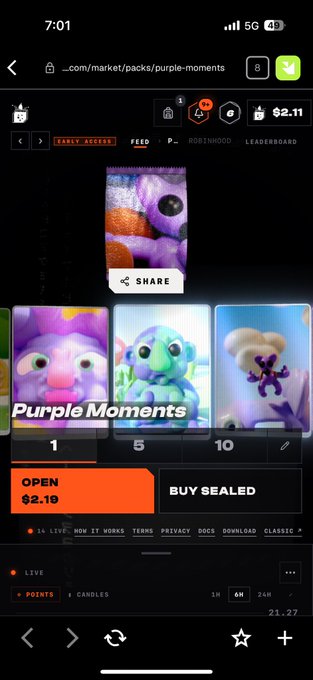 A mobile app screenshot showing a digital collectible marketplace page titled 'Purple Moments' with options to 'OPEN' for $2.19 or 'BUY SEALED'.