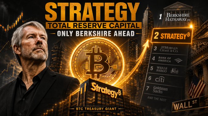 A graphic promoting MicroStrategy (STRATEGY) as the 'BTC TREASURY GIANT' with a portrait of Michael Saylor, showing Strategy ranked #2 above JPMorgan Chase, Bank of America, Wells Fargo, Citi, and Goldman Sachs with the text 'ONLY BERKSHIRE AHEAD'.