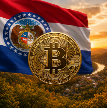 A golden Bitcoin coin prominently displayed in front of the Missouri state flag waving against a scenic landscape with a river and sunset.