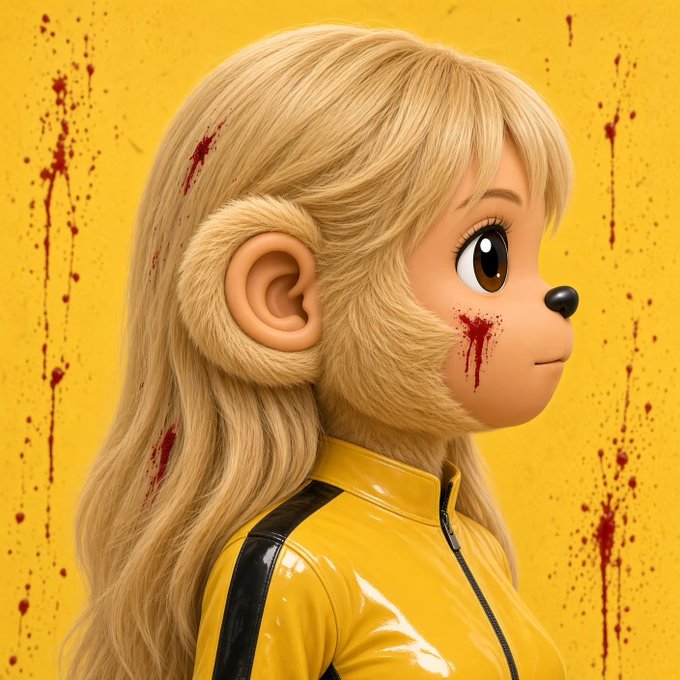 A profile-view 3D render of an anthropomorphic character with dog-like features, blonde hair, and a yellow jacket, set against a bright yellow background marked with vertical streaks of red.
