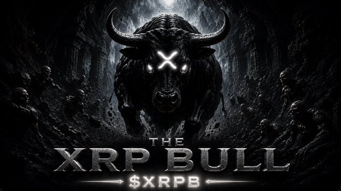 A menacing black bull with an XRP "X" symbol on its forehead emerges from a dark, skull-lined tunnel beneath the text "THE XRP BULL — $XRPB." The artwork, paired with bullish $XRP price predictions and a pump.fun contract address (9nFg29ih7DMJ3vhuJwgGGJngydvz6D9rVmzwUcK5pump), promotes the $XRPB meme token alongside a call for XRP to reach $1,000.