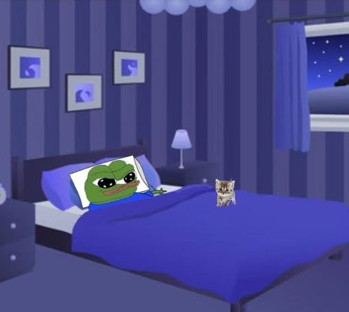 An animated scene of a sad Pepe the Frog lying in a blue bed with a small cat sitting next to him in a dimly lit bedroom.